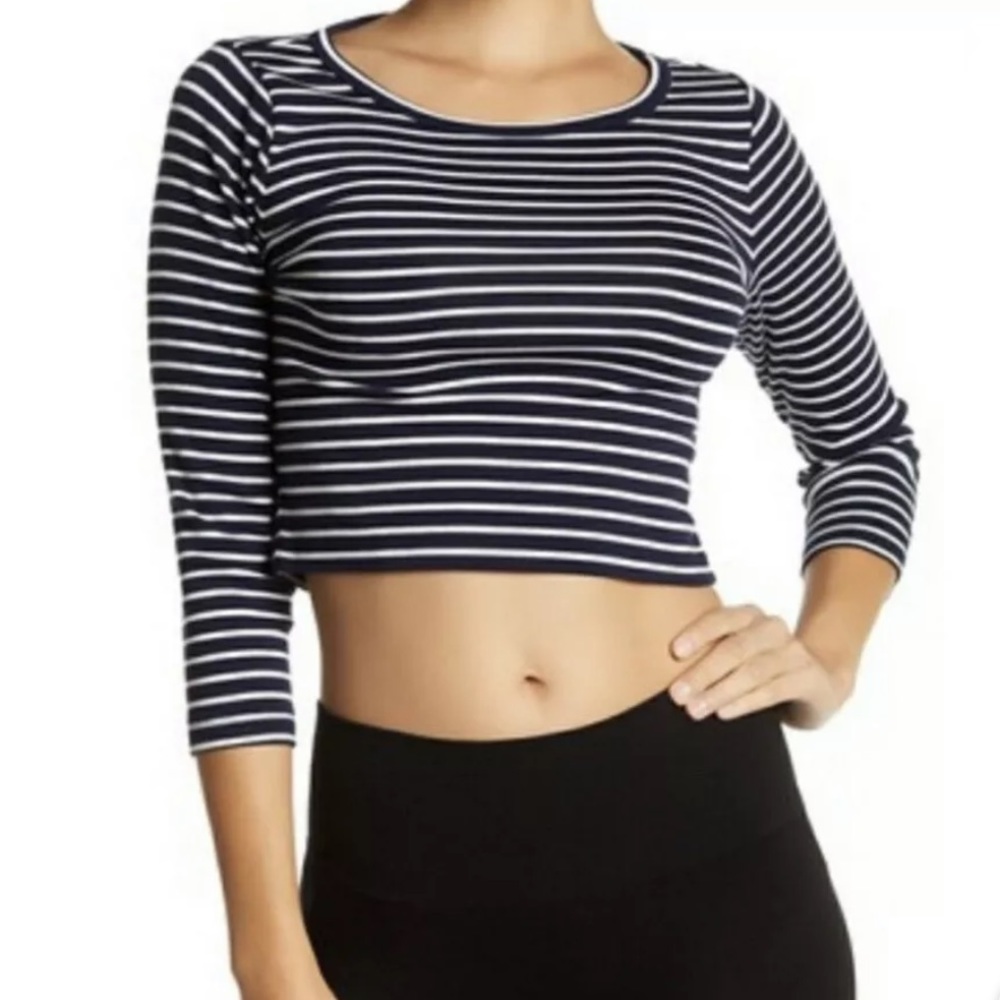 J Crew 3/4 Sleeve Crop Top Striped Navy Blue White